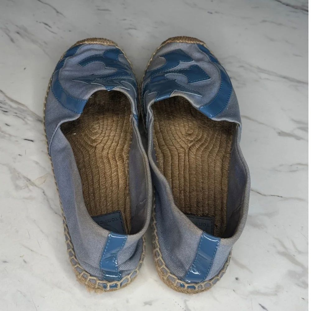 Tory Burch Women Blue Canvas Patent Leather Logo Espadrille Flats Size‎ 10